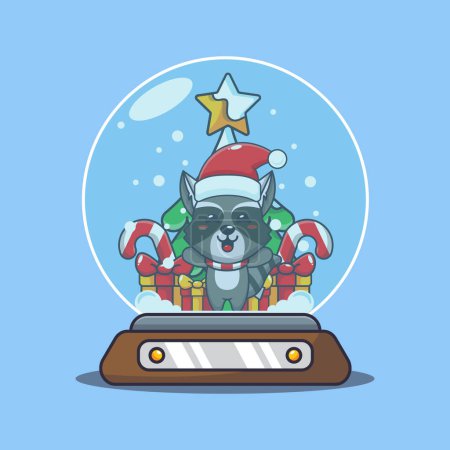 Illustration for Cute raccoon in snow globe. Cute christmas cartoon character illustration. - Royalty Free Image