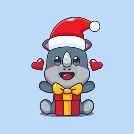 Téléchargez les illustrations : Mignon rhinocéros avec cadeau de Noël. Jolie illustration de personnage de dessin animé de Noël. - en licence libre de droit