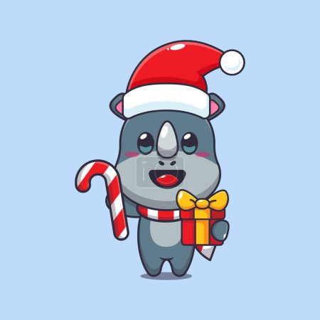 Ilustración de Lindo rinoceronte celebración de dulces de Navidad y regalo. Lindo personaje de dibujos animados de Navidad ilustración. - Imagen libre de derechos