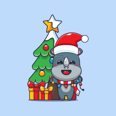 Illustration for Cute rhino with christmast lamp. Cute christmas cartoon character illustration. - Royalty Free Image