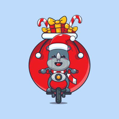 Téléchargez les illustrations : Mignon rhinocéros portant cadeau de Noël avec moto. Jolie illustration de personnage de dessin animé de Noël. - en licence libre de droit