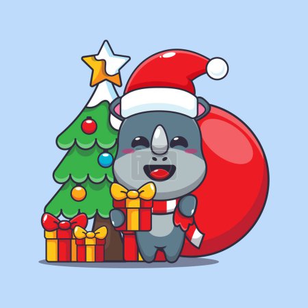 Illustration for Cute rhino carrying christmas gift. Cute christmas cartoon character illustration. - Royalty Free Image