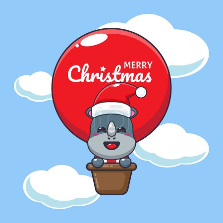 Ilustración de Lindo rinoceronte volar con globo aerostático. Lindo personaje de dibujos animados de Navidad ilustración. - Imagen libre de derechos