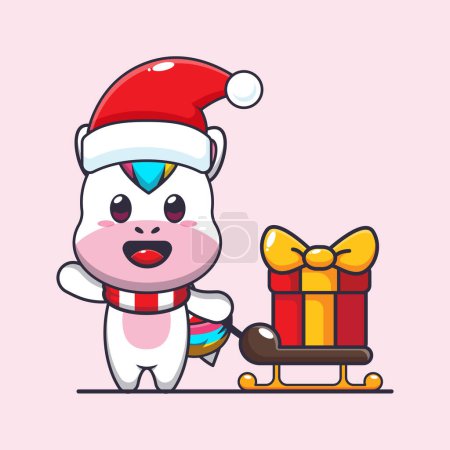 Illustration for Cute unicorn carrying christmas gift box. Cute christmas cartoon character illustration. - Royalty Free Image