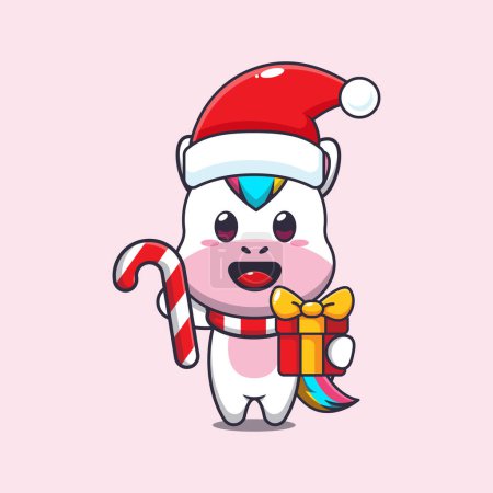 Ilustración de Lindo unicornio sosteniendo dulces y regalos de Navidad. Lindo personaje de dibujos animados de Navidad ilustración. - Imagen libre de derechos
