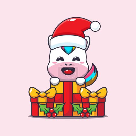 Ilustración de Lindo unicornio feliz con regalo de Navidad. Lindo personaje de dibujos animados de Navidad ilustración. - Imagen libre de derechos