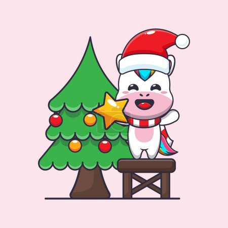 Illustration for Cute unicorn taking star from christmas tree. Cute christmas cartoon character illustration. - Royalty Free Image