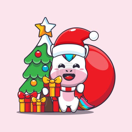 Ilustración de Lindo unicornio llevando regalo de Navidad. Lindo personaje de dibujos animados de Navidad ilustración. - Imagen libre de derechos