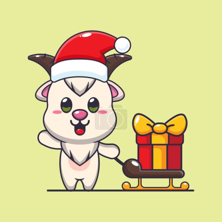 Illustration for Cute goat carrying christmas gift box. Cute christmas cartoon character illustration. - Royalty Free Image