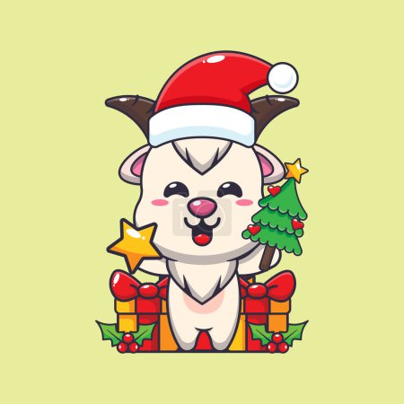 Illustration for Cute goat holding star and christmas tree. Cute christmas cartoon character illustration. - Royalty Free Image