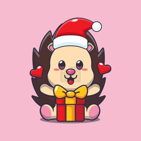 Illustration for Cute hedgehog with christmas gift. Cute christmas cartoon character illustration. - Royalty Free Image