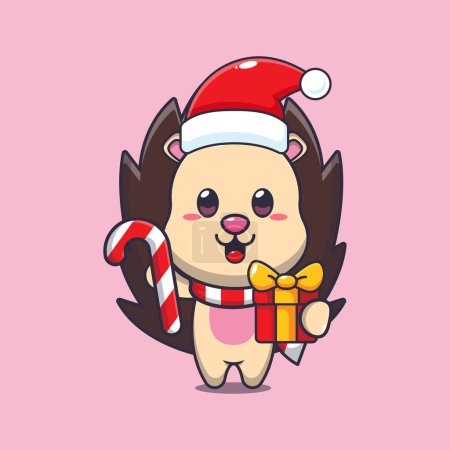 Illustration for Cute hedgehog holding christmas candy and gift. Cute christmas cartoon character illustration. - Royalty Free Image