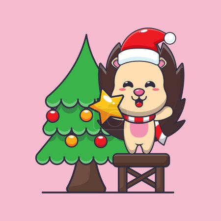 Téléchargez les illustrations : Joli hérisson prenant étoile de l'arbre de Noël. Jolie illustration de personnage de dessin animé de Noël. - en licence libre de droit