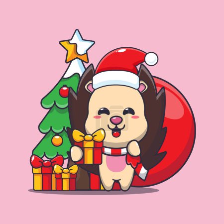 Illustration for Cute hedgehog carrying christmas gift. Cute christmas cartoon character illustration. - Royalty Free Image
