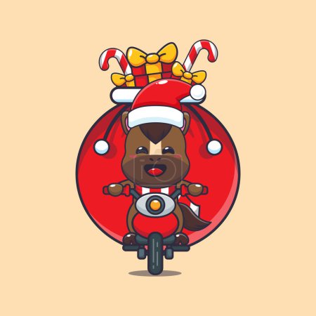 Téléchargez les illustrations : Mignon cheval portant cadeau de Noël avec moto. Jolie illustration de personnage de dessin animé de Noël. - en licence libre de droit