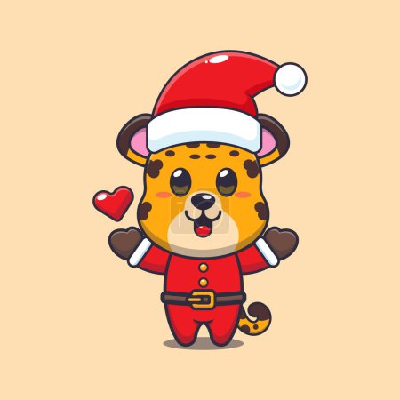 Téléchargez les illustrations : Mignon léopard portant le costume de Père Noël. Jolie illustration de personnage de dessin animé de Noël. - en licence libre de droit