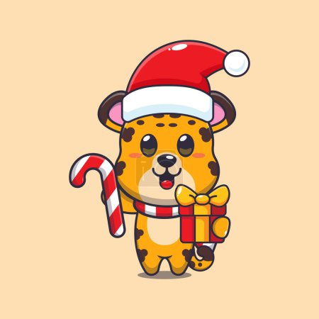 Téléchargez les illustrations : Mignon léopard tenant bonbons de Noël et cadeau. Jolie illustration de personnage de dessin animé de Noël. - en licence libre de droit