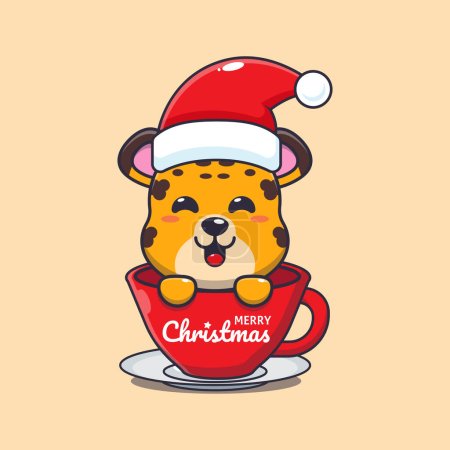 Téléchargez les illustrations : Mignon léopard portant le chapeau de Père Noël dans la tasse. Jolie illustration de personnage de dessin animé de Noël. - en licence libre de droit