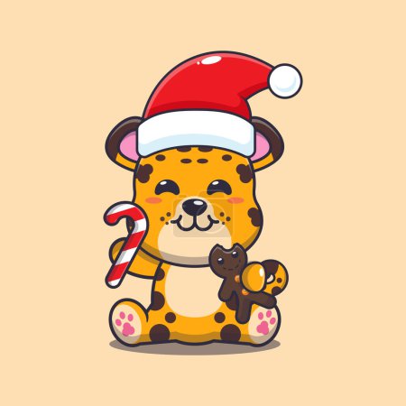Illustration for Cute leopard eating christmas cookies and candy. Cute christmas cartoon character illustration. - Royalty Free Image