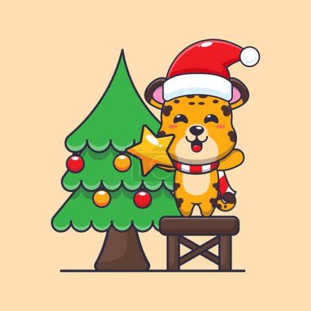 Téléchargez les illustrations : Mignon léopard prenant étoile de l'arbre de Noël. Jolie illustration de personnage de dessin animé de Noël. - en licence libre de droit