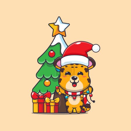 Téléchargez les illustrations : Mignon léopard avec lampe de mât de Noël. Jolie illustration de personnage de dessin animé de Noël. - en licence libre de droit