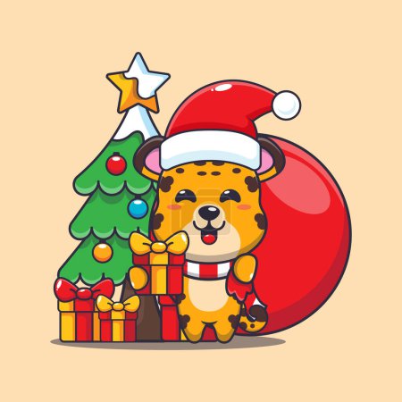 Téléchargez les illustrations : Mignon léopard portant cadeau de Noël. Jolie illustration de personnage de dessin animé de Noël. - en licence libre de droit