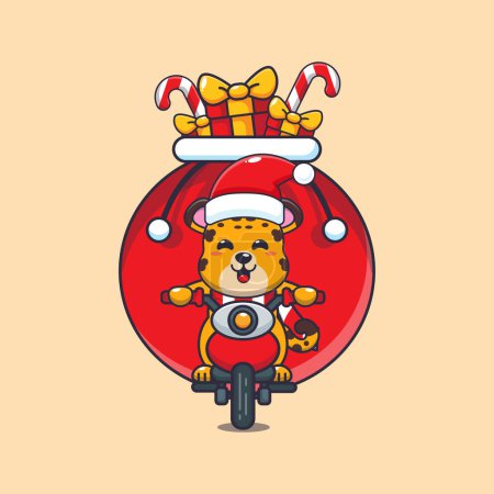 Téléchargez les illustrations : Mignon léopard portant cadeau de Noël avec moto. Jolie illustration de personnage de dessin animé de Noël. - en licence libre de droit