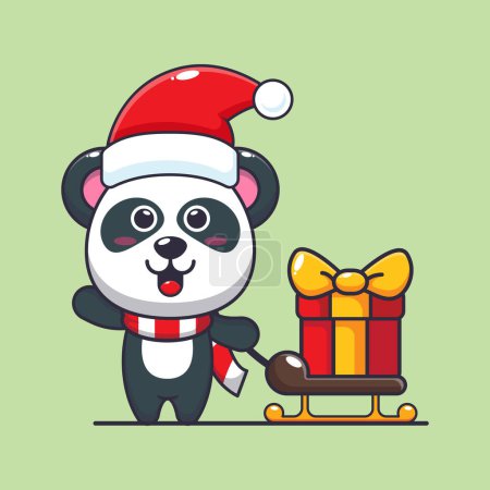 Téléchargez les illustrations : Mignon panda portant boîte cadeau de Noël. Jolie illustration de personnage de dessin animé de Noël. - en licence libre de droit