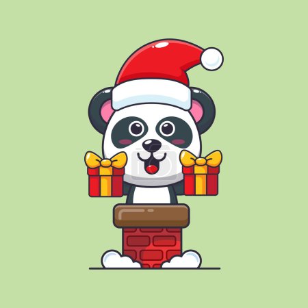 Téléchargez les illustrations : Mignon panda avec chapeau de Père Noël dans la cheminée. Jolie illustration de personnage de dessin animé de Noël. - en licence libre de droit