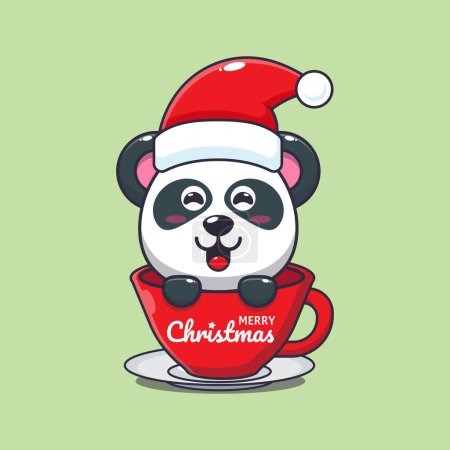 Téléchargez les illustrations : Mignon panda portant le chapeau de Père Noël dans la tasse. Jolie illustration de personnage de dessin animé de Noël. - en licence libre de droit