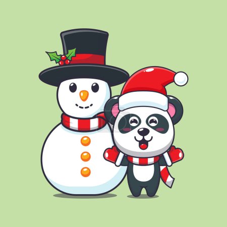 Illustration for Cute panda playing with Snowman. Cute christmas cartoon character illustration. - Royalty Free Image