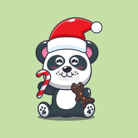Illustration for Cute panda eating christmas cookies and candy. Cute christmas cartoon character illustration. - Royalty Free Image