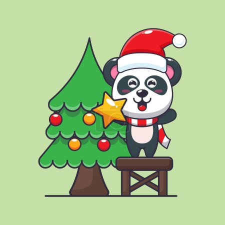 Téléchargez les illustrations : Mignon panda prenant étoile de l'arbre de Noël. Jolie illustration de personnage de dessin animé de Noël. - en licence libre de droit