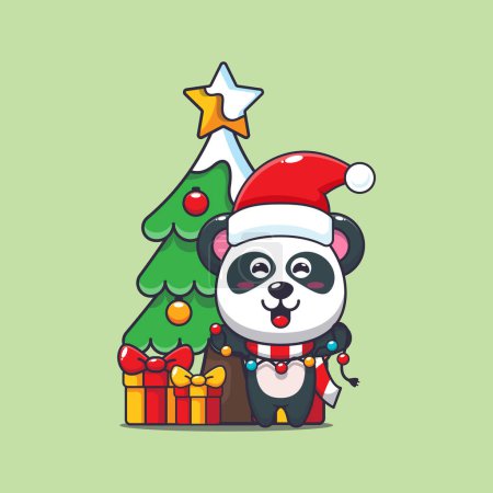Téléchargez les illustrations : Mignon panda avec lampe de mât de Noël. Jolie illustration de personnage de dessin animé de Noël. - en licence libre de droit