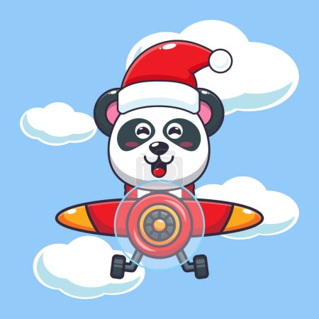 Téléchargez les illustrations : Mignon panda portant un chapeau de Père Noël volant avec l'avion. Jolie illustration de personnage de dessin animé de Noël. - en licence libre de droit
