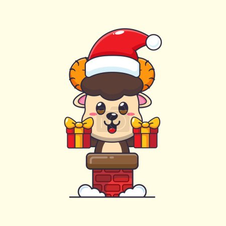 Illustration for Cute ram sheep with santa hat in the chimney. Cute christmas cartoon character illustration. - Royalty Free Image