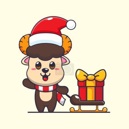 Illustration for Cute ram sheep carrying christmas gift box. Cute christmas cartoon character illustration. - Royalty Free Image