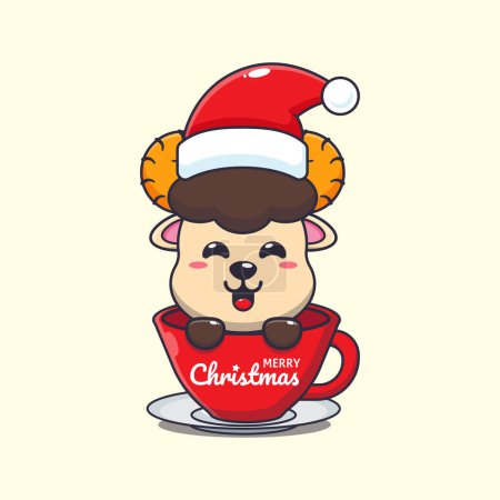 Illustration for Cute ram sheep wearing santa hat in cup. Cute christmas cartoon character illustration. - Royalty Free Image