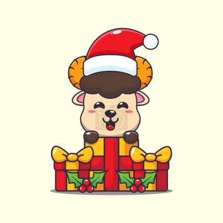 Illustration for Cute ram sheep happy with christmas gift. Cute christmas cartoon character illustration. - Royalty Free Image