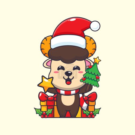 Illustration for Cute ram sheep holding star and christmas tree. Cute christmas cartoon character illustration. - Royalty Free Image