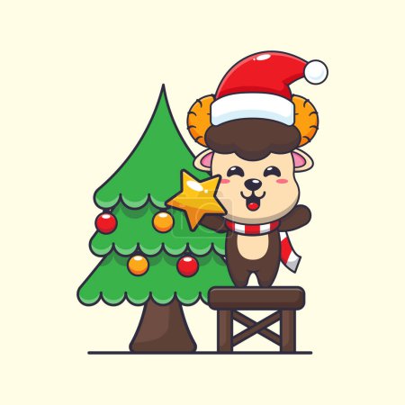 Ilustración de Linda oveja carnero tomando estrella del árbol de Navidad. Lindo personaje de dibujos animados de Navidad ilustración. - Imagen libre de derechos