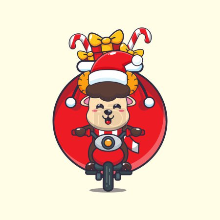 Ilustración de Linda oveja carnero llevando regalo de Navidad con la motocicleta. Lindo personaje de dibujos animados de Navidad ilustración. - Imagen libre de derechos