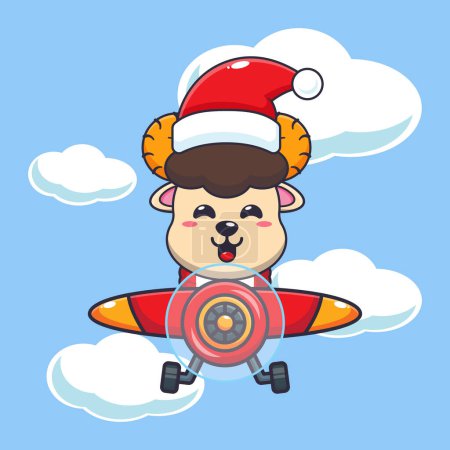Illustration for Cute ram sheep wearing santa hat flying with plane. Cute christmas cartoon character illustration. - Royalty Free Image
