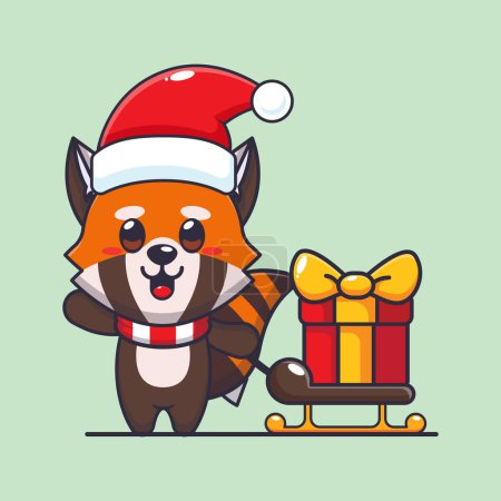 Téléchargez les illustrations : Mignon panda rouge portant boîte cadeau de Noël. Jolie illustration de personnage de dessin animé de Noël. - en licence libre de droit