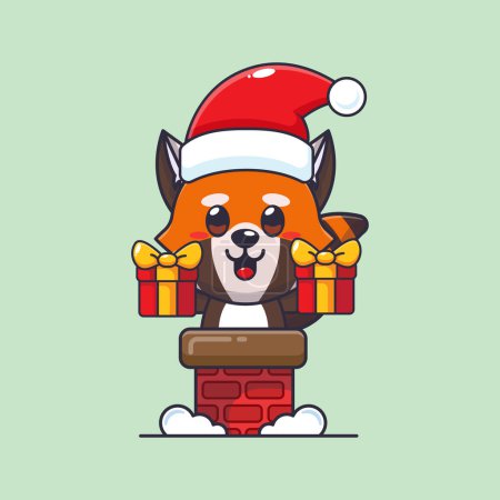 Téléchargez les illustrations : Mignon panda rouge avec chapeau de Père Noël dans la cheminée. Jolie illustration de personnage de dessin animé de Noël. - en licence libre de droit