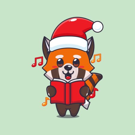 Téléchargez les illustrations : Mignon panda rouge chanter une chanson de Noël. Jolie illustration de personnage de dessin animé de Noël. - en licence libre de droit