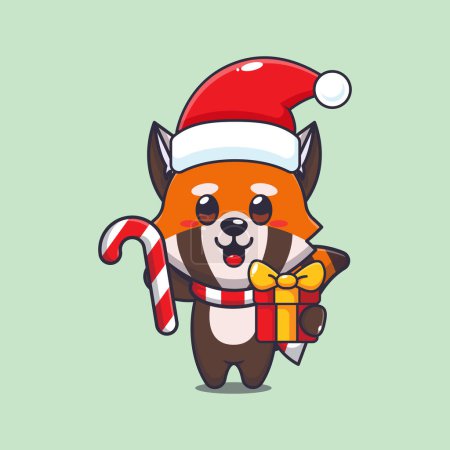 Téléchargez les illustrations : Mignon panda rouge tenant bonbons de Noël et cadeau. Jolie illustration de personnage de dessin animé de Noël. - en licence libre de droit