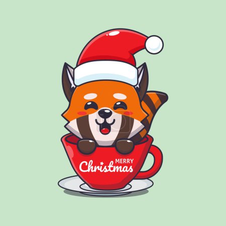 Téléchargez les illustrations : Mignon panda rouge portant le chapeau de Père Noël dans la tasse. Jolie illustration de personnage de dessin animé de Noël. - en licence libre de droit
