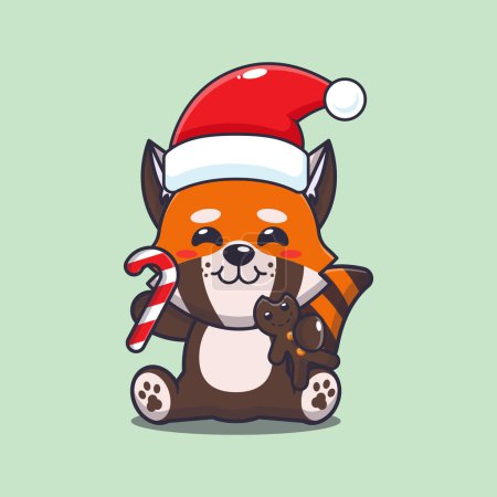 Téléchargez les illustrations : Mignon panda rouge mangeant des biscuits de Noël et des bonbons. Jolie illustration de personnage de dessin animé de Noël. - en licence libre de droit