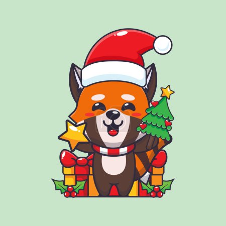 Ilustración de Lindo panda rojo sosteniendo estrella y árbol de Navidad. Lindo personaje de dibujos animados de Navidad ilustración. - Imagen libre de derechos